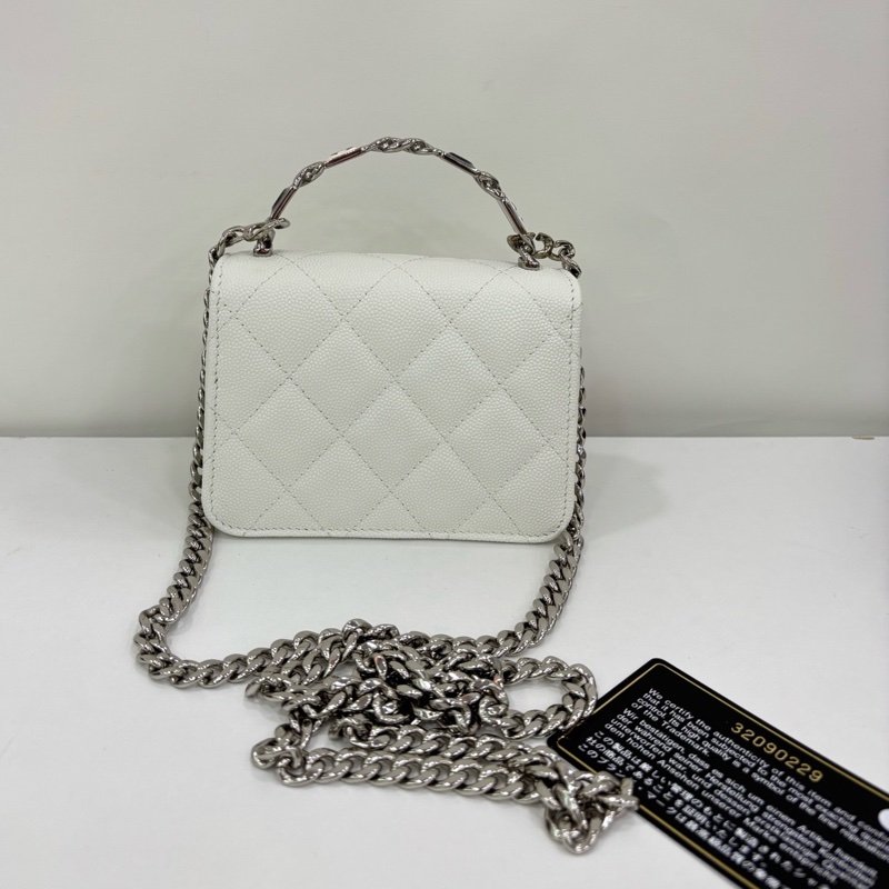 Chanel 香奈兒 Kelly白金銀琺瑯手柄mini絕美荔枝皮白銀手提包 32開有卡有塵袋-1