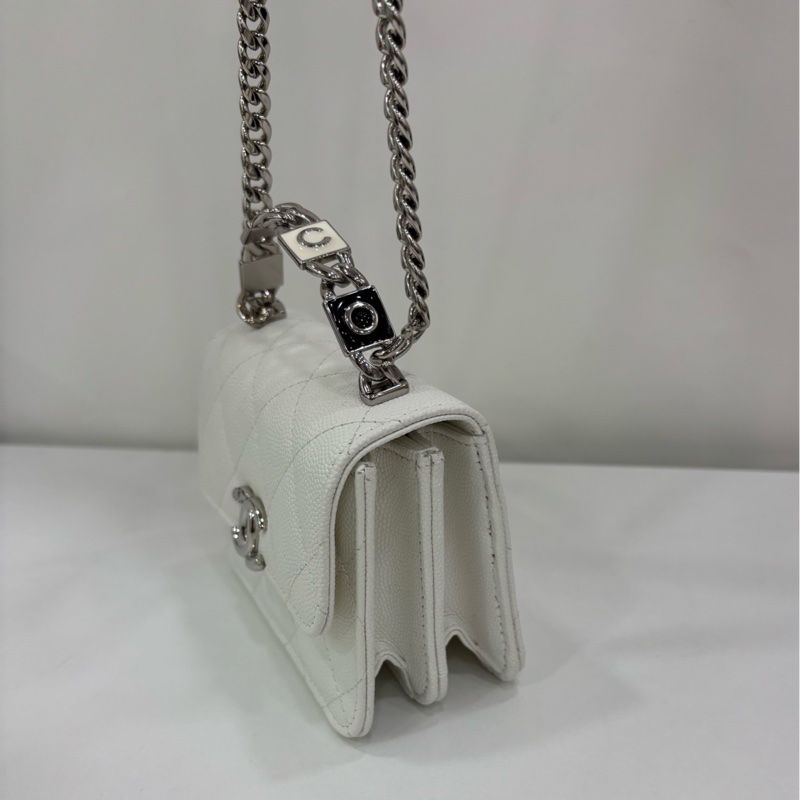 Chanel 香奈兒 Kelly白金銀琺瑯手柄mini絕美荔枝皮白銀手提包 32開有卡有塵袋-3