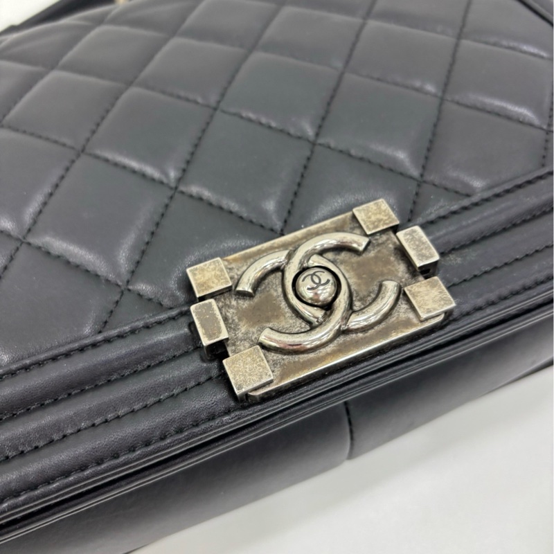 CHANEL/香奈兒 Leboy 黑色金扣牛皮菱格翻蓋包 鏈條單肩包斜背包 女款 黑色 19開 底長27.5cm-3