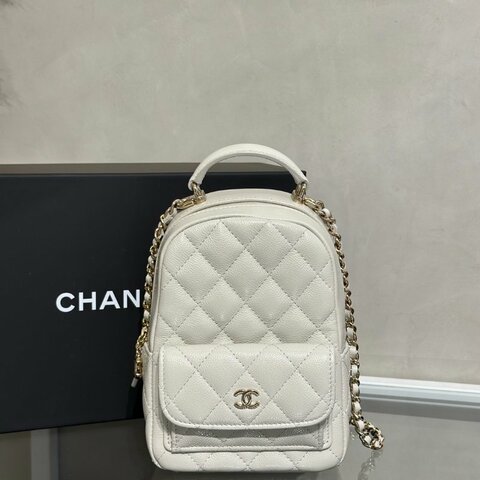 CHANEL 粒面牛皮迷你後背包 - 淺灰金