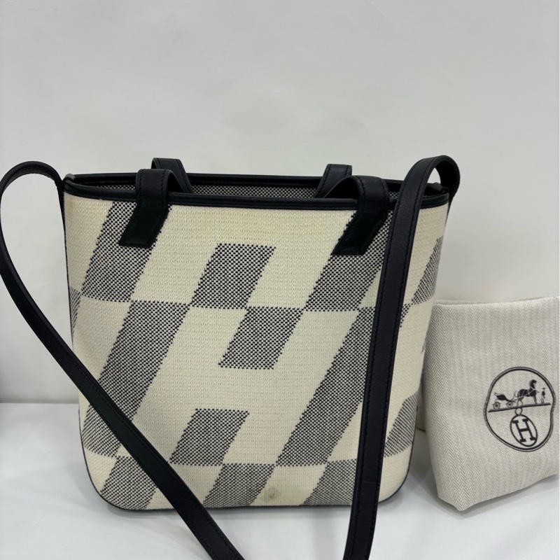 Hermes愛馬仕Cabas H EN Biais 27帆布托特包熊貓拼色,Z刻-5