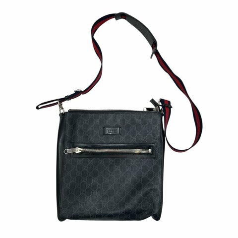 GUCCI 古馳 Supreme 斜背信差包 拼接牛皮織帶 帆布  黑灰 銀釦
