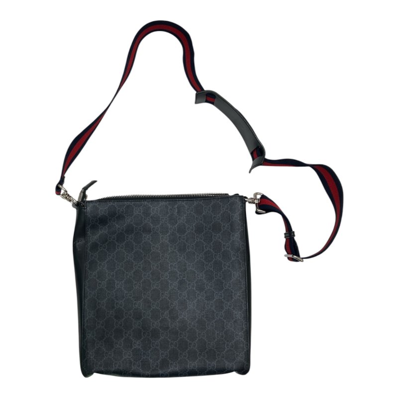 GUCCI 古馳 Supreme 斜背信差包 拼接牛皮織帶 帆布 黑灰 銀釦-1