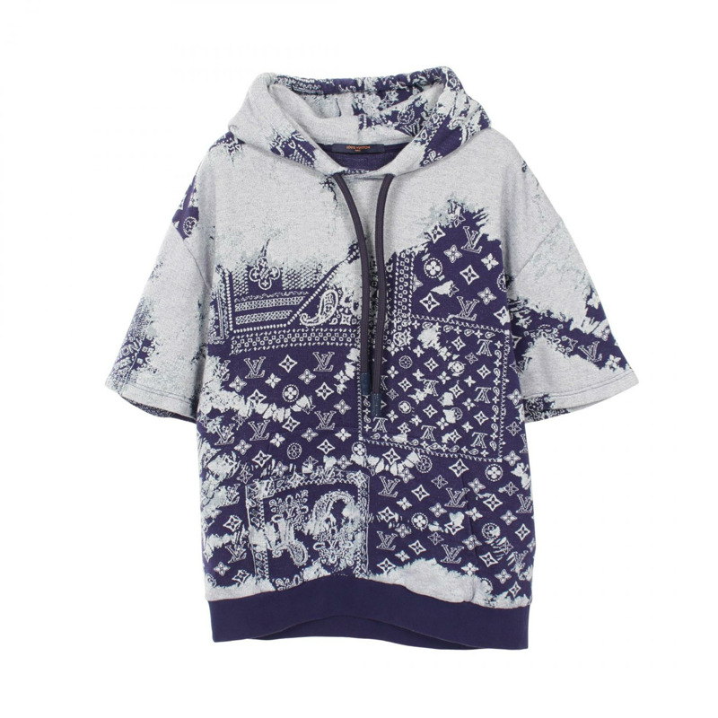 路易威登 Monogram Bandana 短袖連帽衫 #XL 純棉海軍藍 二手 男款 LV-0