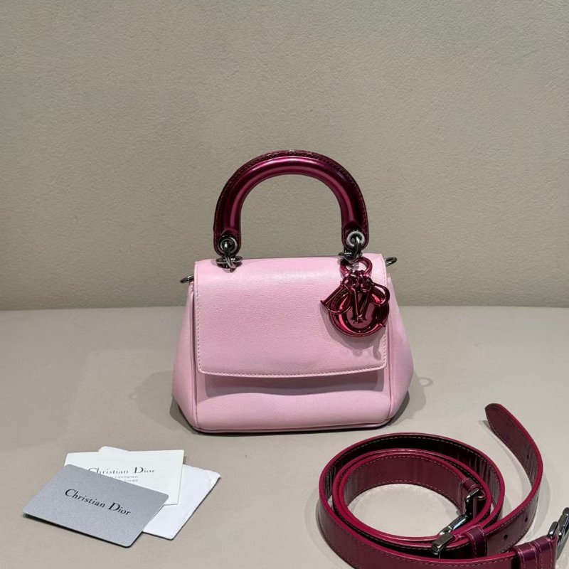 Dior Bedior 粉色拼酒紅色 牛皮mini黛妃15*13cm 98新配件肩帶 保卡-1