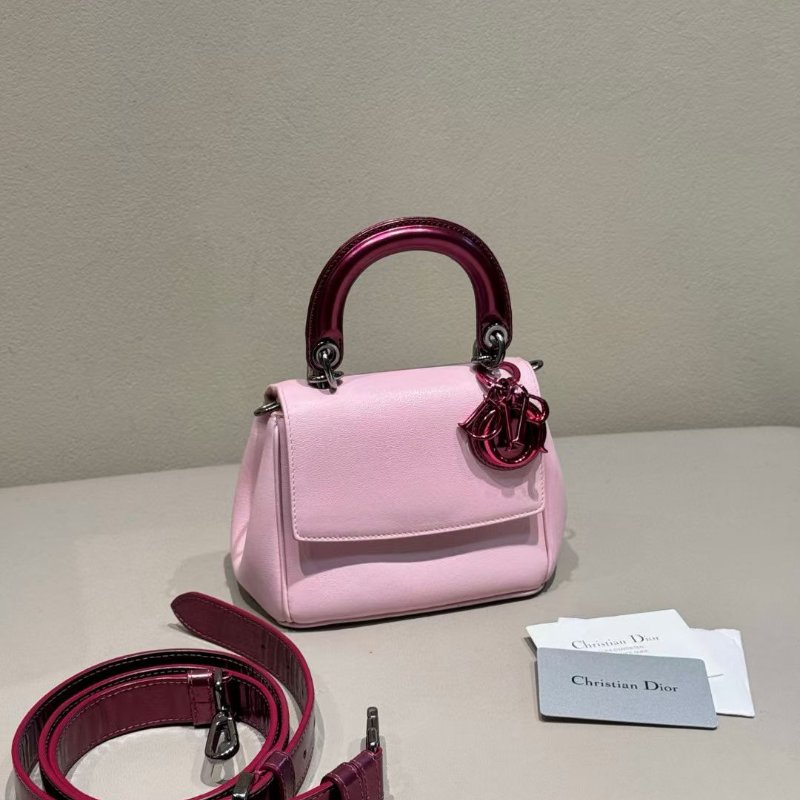 Dior Bedior 粉色拼酒紅色 牛皮mini黛妃15*13cm 98新配件肩帶 保卡-2