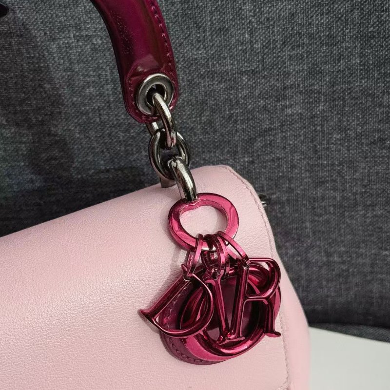 Dior Bedior 粉色拼酒紅色 牛皮mini黛妃15*13cm 98新配件肩帶 保卡-3