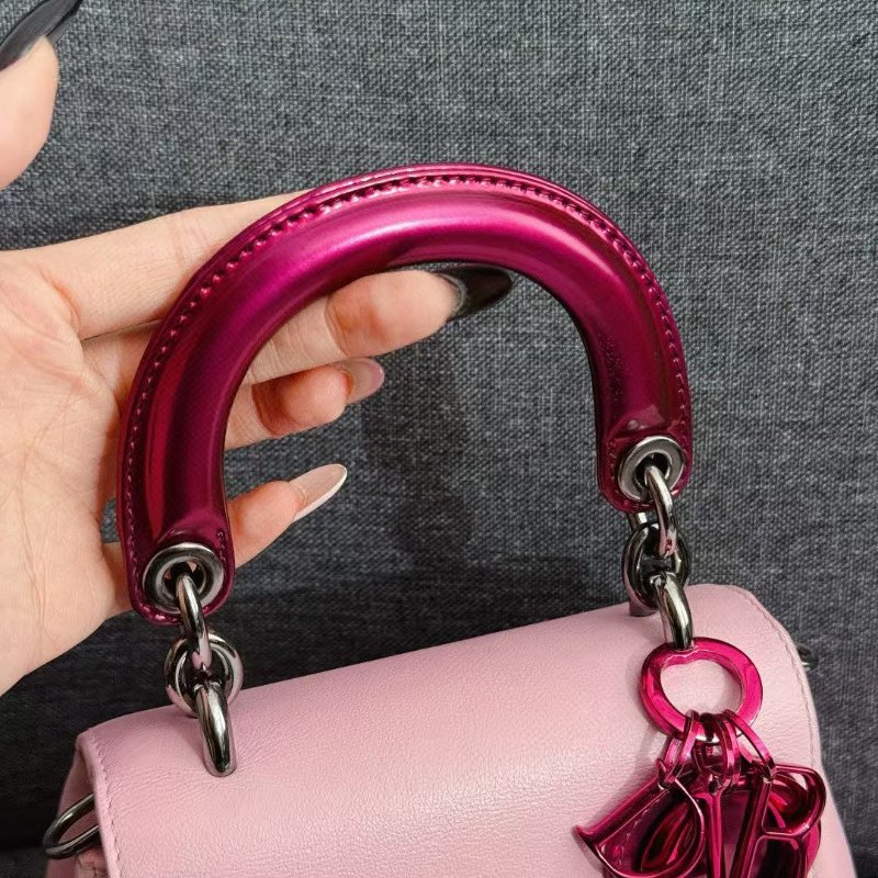Dior Bedior 粉色拼酒紅色 牛皮mini黛妃15*13cm 98新配件肩帶 保卡-4