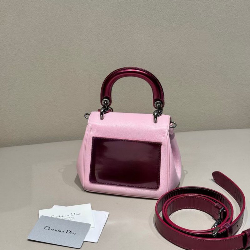 Dior Bedior 粉色拼酒紅色 牛皮mini黛妃15*13cm 98新配件肩帶 保卡-5