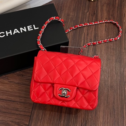 CHANEL CF17方胖包羊皮番茄紅