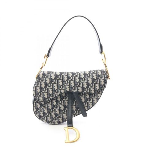 Christian Dior SADDLE Oblique 單肩手提包，帆布皮革，米色/海軍藍，二手