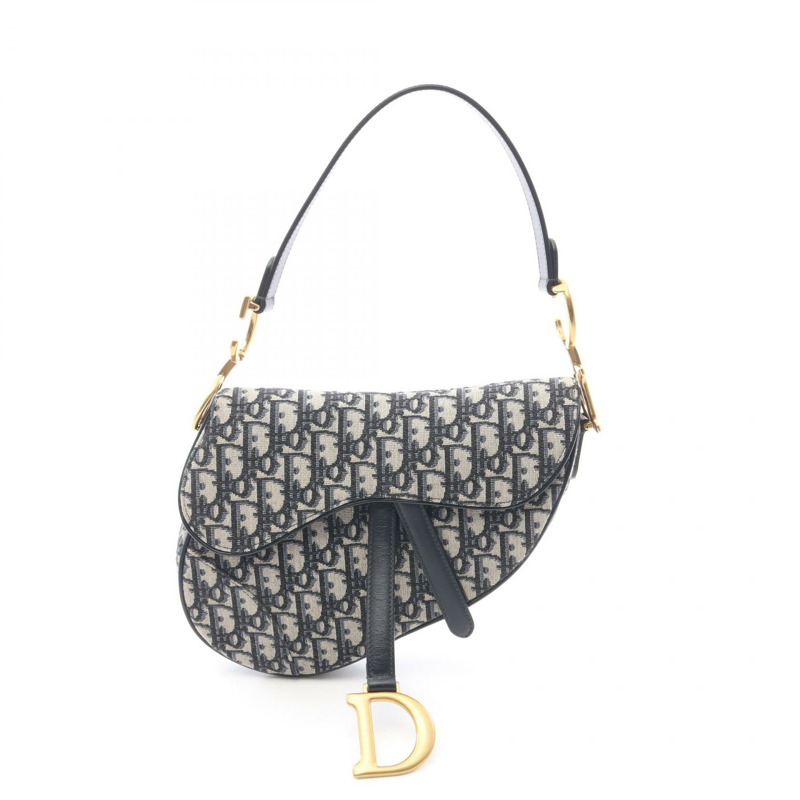 Christian Dior SADDLE Oblique 單肩手提包,帆布皮革,米色/海軍藍,二手-0