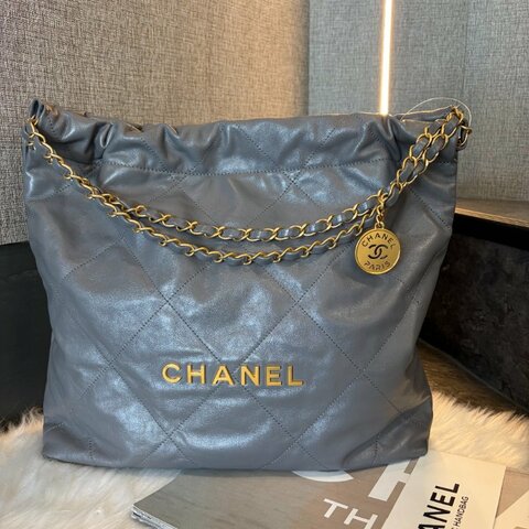 CHANEL 全皮22包灰金 晶片款