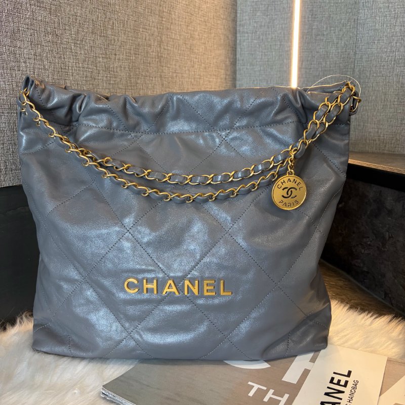 CHANEL 全皮22包灰金 晶片款-0