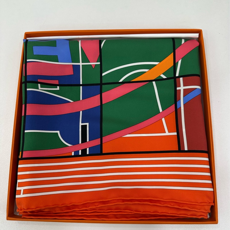 Hermes/愛馬仕同心圓絲巾 橙綠藍撞色 活力滿滿 尺寸:90×90-1