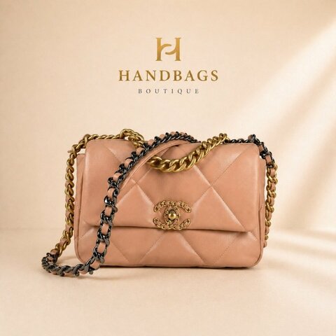 全新 現貨 CHANEL 19蜜桃粉色 小羊皮 金鍊 小型 26cm 口蓋包  AS1160