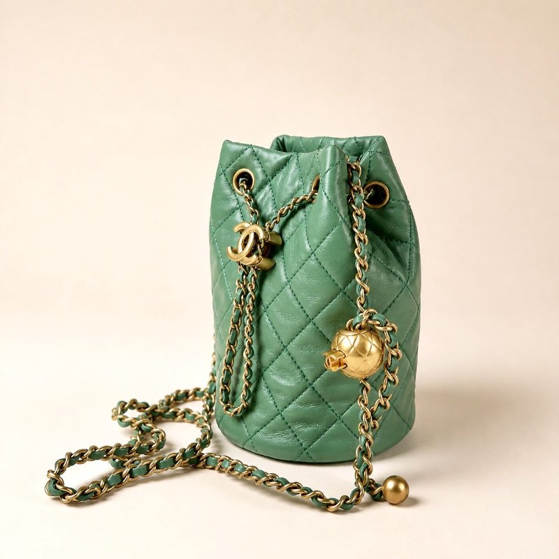 全新 現貨 CHANEL 湖水綠 小羊皮 金球 迷你 兩用 束口 水桶包 AS1894-2
