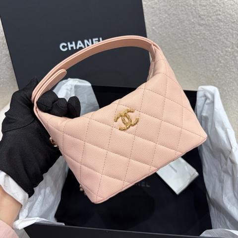 閒置新💖Chanel香奈兒櫻花粉麻花水鑽金扣荔枝紋牛皮飯盒包斜挎包 手提包 芯片 ✅正品