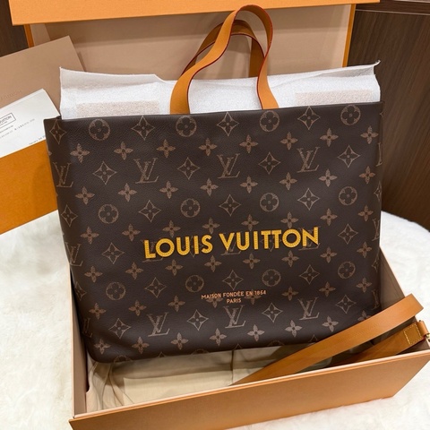 99新✨LOUIS VUITTON SHOPPER 經典老花棕色塗層帆布托特包Tote包購物袋手提包單肩包斜挎包 可調節可拆卸肩帶 金扣 王鶴棣同款 ✅正品