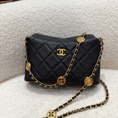閒置新✨Chanel香奈兒24A黑金金幣鏈條hobo飯盒包鏈條斜挎包 芯片✅正品