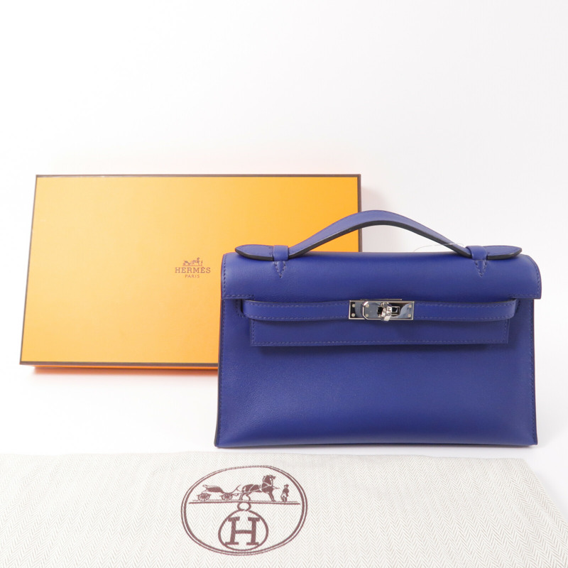 HERMES Swift皮革Kelly Pochette手挽袋Bleu Saphir-9