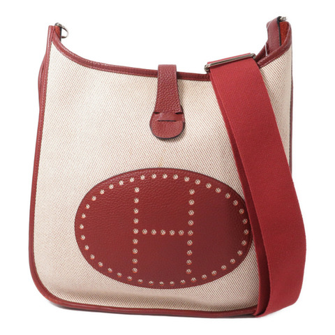 HERMES 帆布/Clemence皮革Evelyne PM肩背袋Rouge