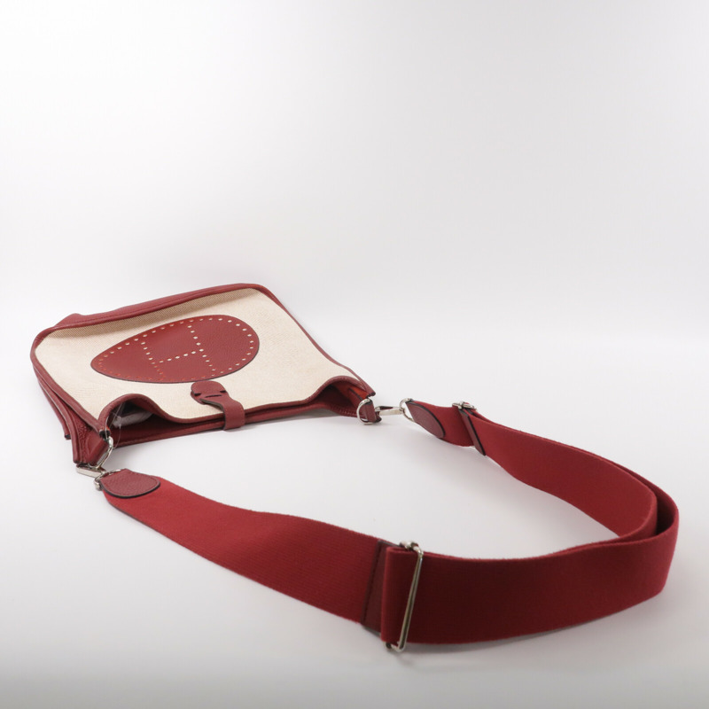 HERMES 帆布/Clemence皮革Evelyne PM肩背袋Rouge-9