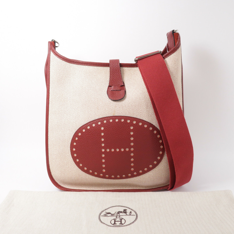 HERMES 帆布/Clemence皮革Evelyne PM肩背袋Rouge-10