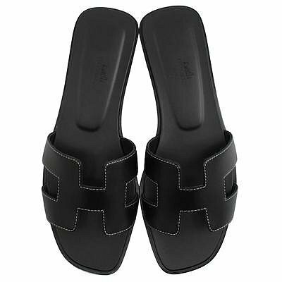 全新 現貨 HERMES Oran sandal 經典 H 黑色 平底 拖鞋 37號