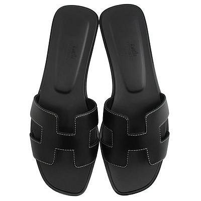 全新 現貨 HERMES Oran sandal 經典 H 黑色 平底 拖鞋 37號-0