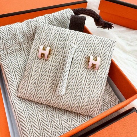全新 現貨 HERMES Mini POP 粉紅 H Logo 琺瑯 配玫瑰金 橢圓 針式耳環