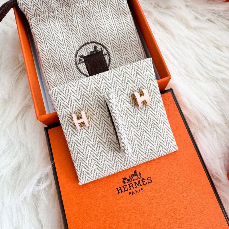 全新 現貨 HERMES Mini POP 粉紅 H Logo 琺瑯 配玫瑰金 橢圓 針式耳環-1