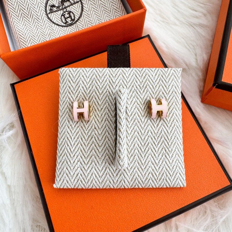 全新 現貨 HERMES Mini POP 粉紅 H Logo 琺瑯 配玫瑰金 橢圓 針式耳環-2