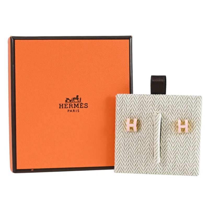 全新 現貨 HERMES Mini POP 粉紅 H Logo 琺瑯 配玫瑰金 橢圓 針式耳環-3