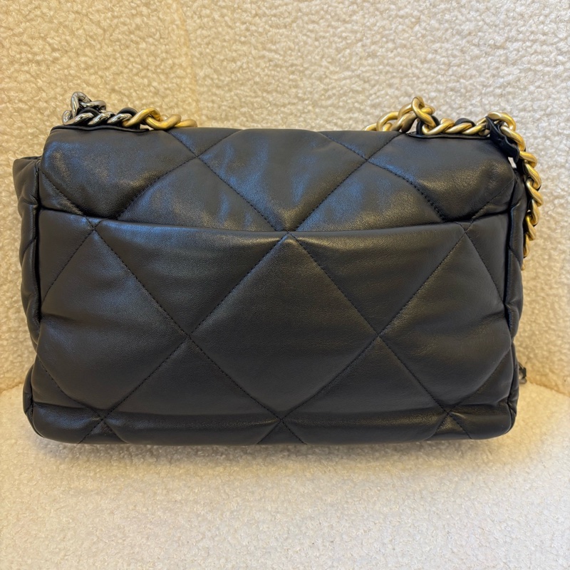 CHANEL香奈兒 19Bag 晶片菱格紋鏈條手柄 小羊皮 口蓋包手提斜挎單肩包 中號 女款 黑色長30cm 寬10cm 高20cm-1