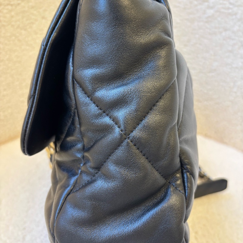 CHANEL香奈兒 19Bag 晶片菱格紋鏈條手柄 小羊皮 口蓋包手提斜挎單肩包 中號 女款 黑色長30cm 寬10cm 高20cm-12