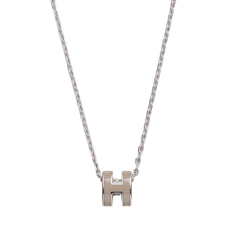 HERMES 新款 橢圓 H MINI POP 奶茶色 琺瑯 銀鏈 項鍊-1