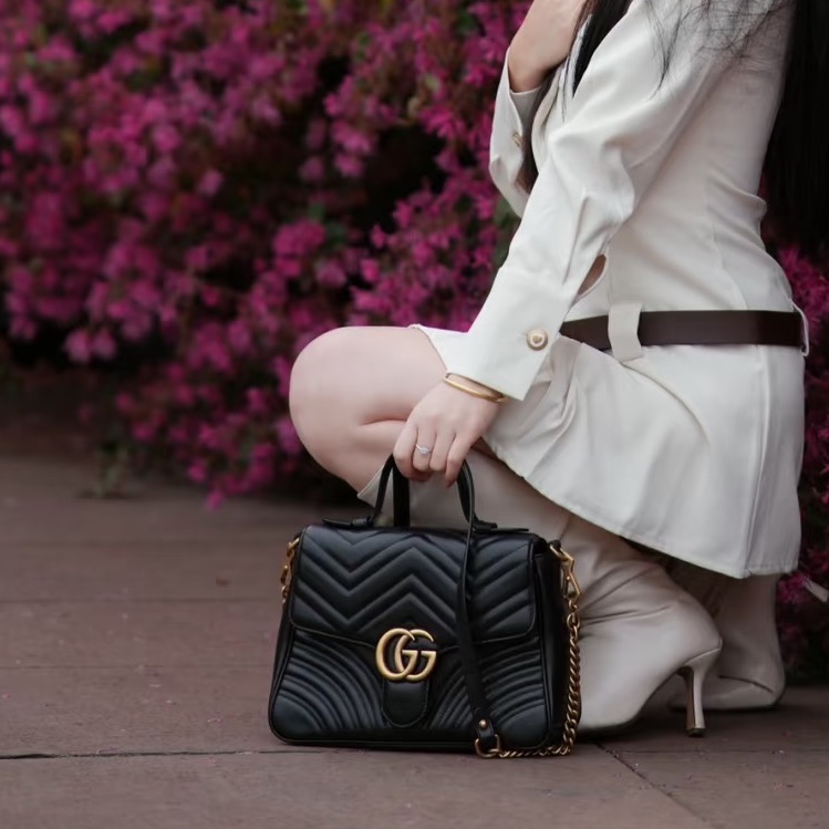 優雅高級實用🤩99新🆕Gucci古馳黑金雙G logo馬蒙marmont 郵差包手提斜挎單肩包-3