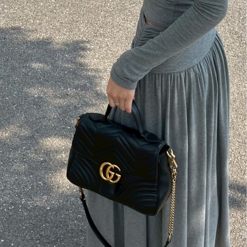 優雅高級實用🤩99新🆕Gucci古馳黑金雙G logo馬蒙marmont 郵差包手提斜挎單肩包-5