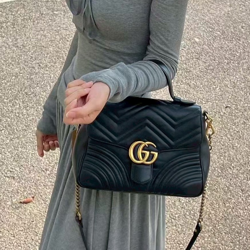優雅高級實用🤩99新🆕Gucci古馳黑金雙G logo馬蒙marmont 郵差包手提斜挎單肩包-7