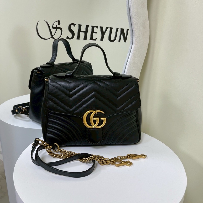 優雅高級實用🤩99新🆕Gucci古馳黑金雙G logo馬蒙marmont 郵差包手提斜挎單肩包-8