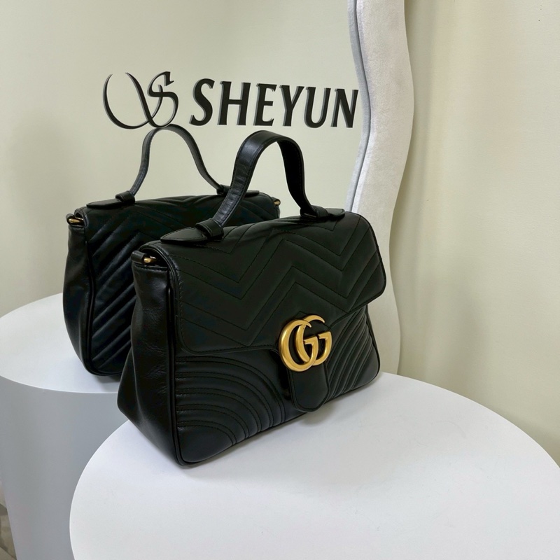 優雅高級實用🤩99新🆕Gucci古馳黑金雙G logo馬蒙marmont 郵差包手提斜挎單肩包-9