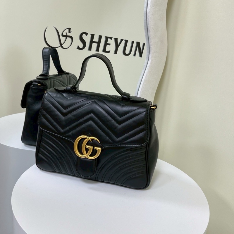 優雅高級實用🤩99新🆕Gucci古馳黑金雙G logo馬蒙marmont 郵差包手提斜挎單肩包-10