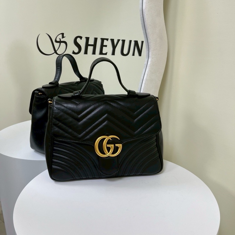 優雅高級實用🤩99新🆕Gucci古馳黑金雙G logo馬蒙marmont 郵差包手提斜挎單肩包-12