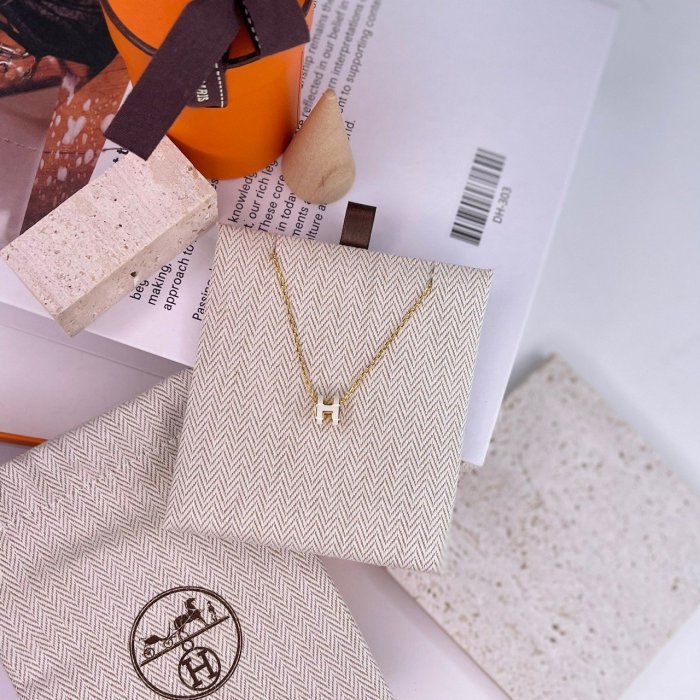 全新 現貨 HERMES 橢圓 H MINI POP 白色 琺瑯 金鏈 項鍊-1