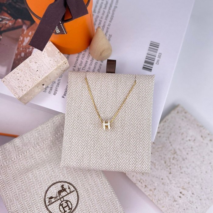 全新 現貨 HERMES 橢圓 H MINI POP 白色 琺瑯 金鏈 項鍊-3