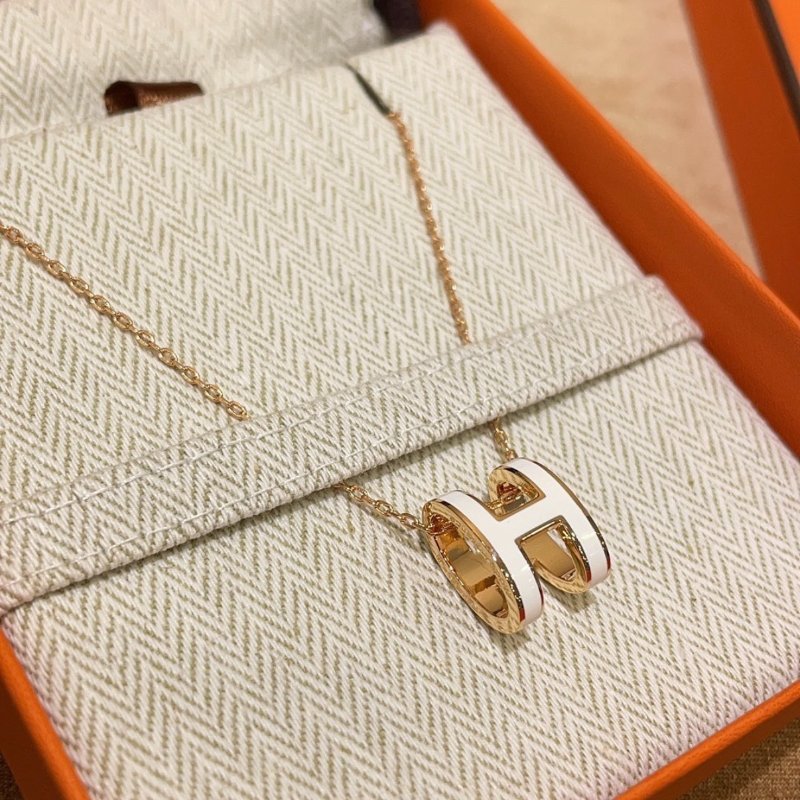 全新 現貨 HERMES POP H 橢圓 白色 琺瑯 玫瑰金鏈 項鍊-3