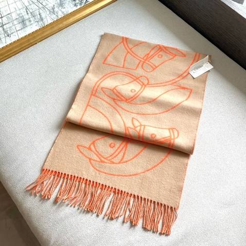 Hermes 愛馬仕 橘金棕雙面馬兒圍巾/全新閒置美品