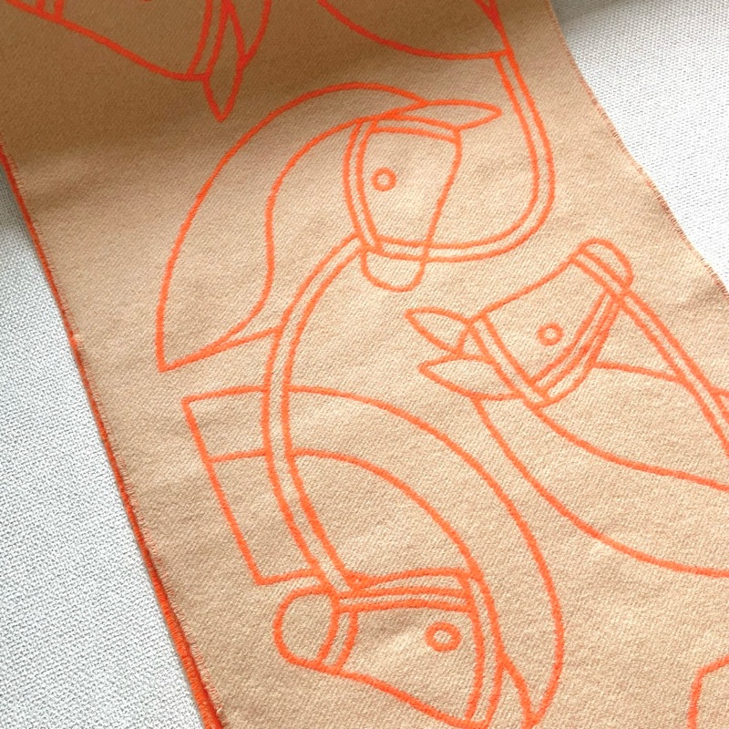 Hermes 愛馬仕 橘金棕雙面馬兒圍巾/全新閒置美品-1