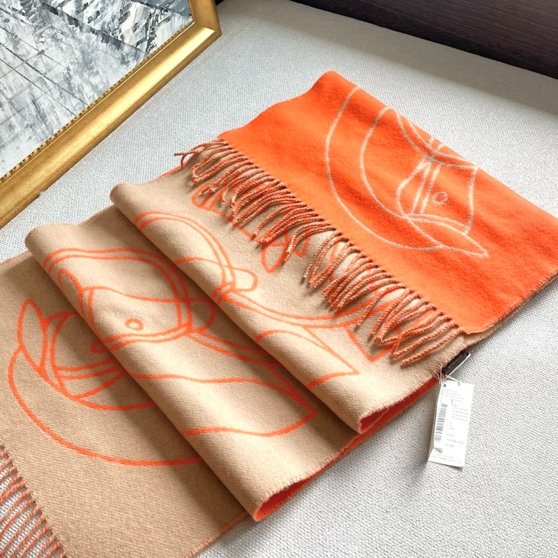 Hermes 愛馬仕 橘金棕雙面馬兒圍巾/全新閒置美品-2